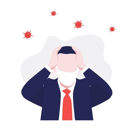 Vector illustration of man in mask and suit in panic with diagnosis around viruses. Medical concept.のイラスト素材