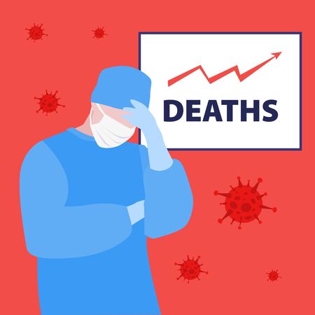 Vector illustration of doctor or nurse in mask with high arrow graph of human deaths statistic. Medical warning conceptのイラスト素材