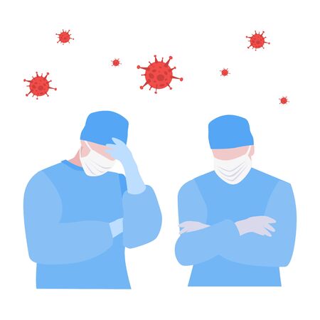 Vector illustration of two tired  and stressed doctors in masks and viruses around. Virus fight concept. Medical soldiers. Waiting the vaccineのイラスト素材