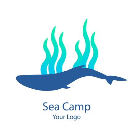 Vector trendy marine logo of a whale in deep water ocean or sea and green blue algae in modern gradient colors. Can be used for sea store, ocean products, eco company, camp or business. Flat style.のイラスト素材