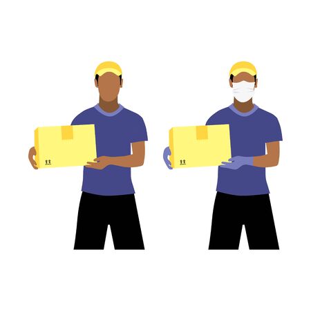 Vector illustration set of black or latin men with and without protective medical mask and gloves is delivering the box. Safe contactless delivery to the door by courier concept. Online shopping orderのイラスト素材