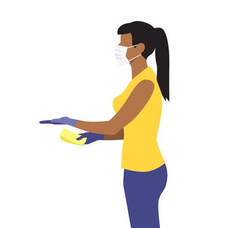 Vector illustration of beautiful black woman in medical protective mask hold out hand with money and receive the delivery package. Quarantine delivery servise.のイラスト素材