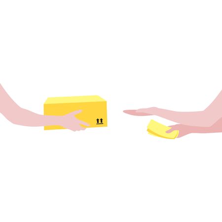 Vector illustration of courier's hands with package and human reaching out hand to get box and  money in other hand.  Delivering the parcel or box concept. Online shopping orderのイラスト素材