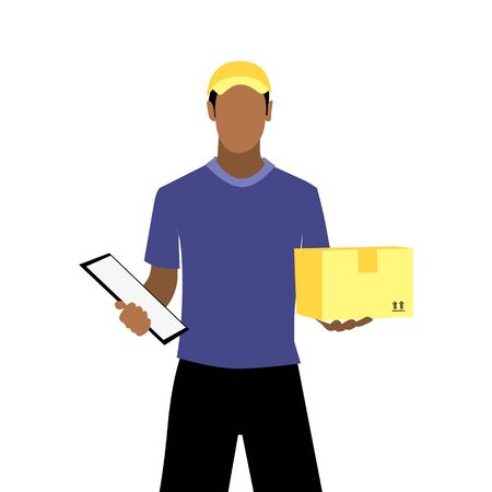 Vector illustration of black man with documents is delivering the parcel or box.  Safe contactless delivery to the door by courier concept. Online shopping orderのイラスト素材