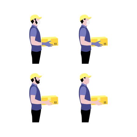 Vector illustration set of couriers with package.  Delivering the parcel or box concept. Online shopping order. Young boy and adult with beard worker with and without protective gloves and masksのイラスト素材