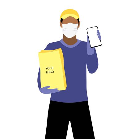 Vector illustration of black man in protective medical mask and a cap is delivering the paper package and showing smartphone. Safe online delivery to the door concept. Online shopping orderのイラスト素材