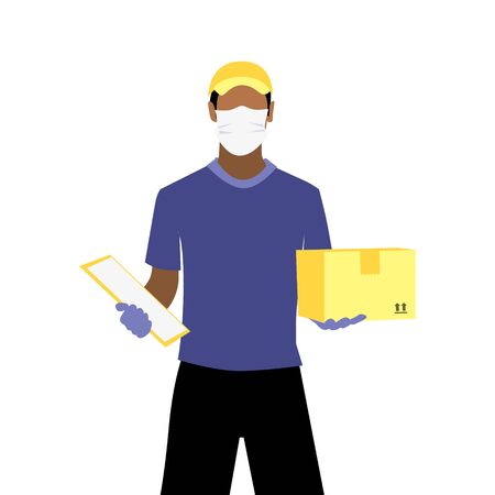 Vector illustration of black man in protective medical mask and gloves is delivering the parcel or box.  Safe contactless delivery to the door by courier concept. Online shopping orderのイラスト素材