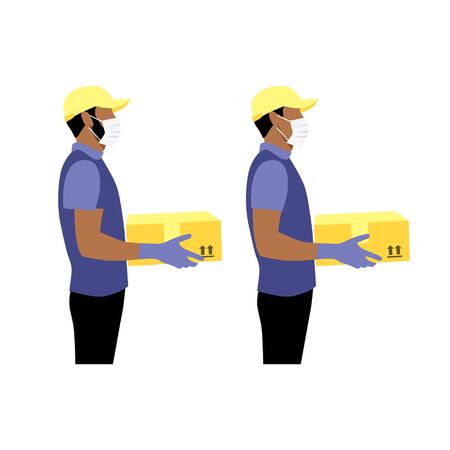 Vector illustration set of black or latin courier in protective gloves and masks with package.  Delivering the parcel or box concept. Online shopping order. Young boy and adult workerのイラスト素材
