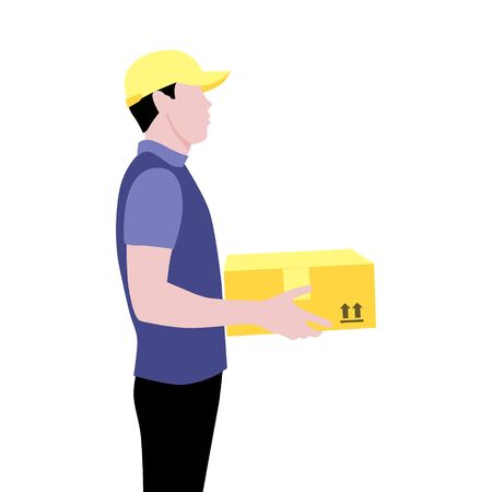 Vector illustration of young courier in cap with package.  Delivering the parcel or box concept. Online shopping order. Boy works after schoolのイラスト素材