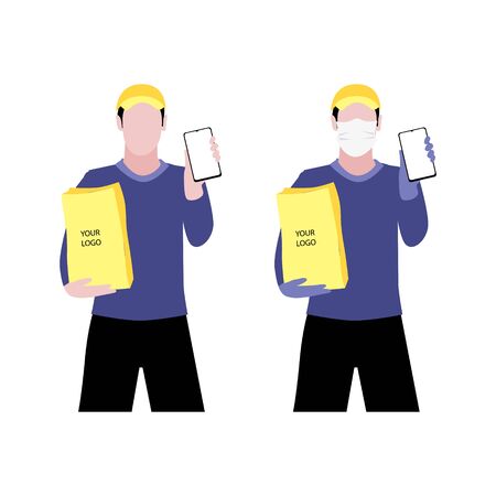 Vector illustration set of white men in and without  protective medical mask and a cap is delivering the paper package and showing smartphone. Safe online delivery to the door concept. Online shopping orderのイラスト素材