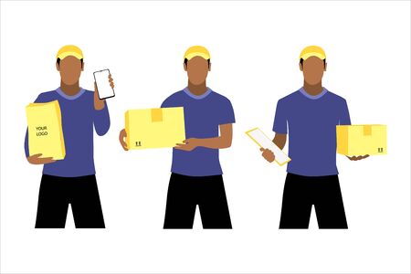 Vector illustration set of different black men or couriers in a cap is delivering the parcel or box.  Safe contactless delivery to the door by courier concept. Online shopping orderのイラスト素材