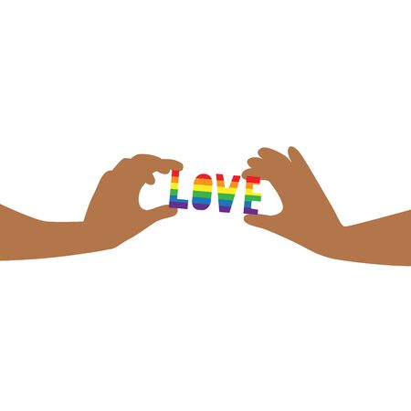 Vector illustration of black hands carefully holding word Love in rainbow LGBT flag colors with hearts around. IGBT, freedom love, gay pride concept. Freedom of speakingのイラスト素材
