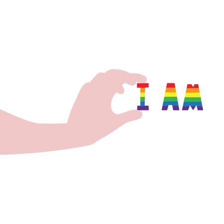 Vector illustration of hand carefully holding "I am" in rainbow LGBT flag colors. IGBT, freedom love, gay pride concept. Freedom of speakingのイラスト素材