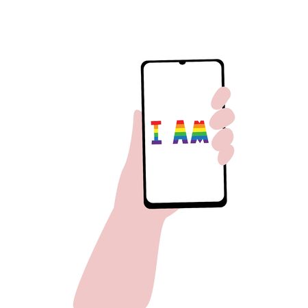 Vector illustration of human hand with smartphone and words "I am" on screen in lgbt rainbow colors. IGBT, freedom love, gay pride concept. Freedom of speakingのイラスト素材