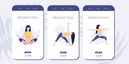 Vector mobile site or mobile app onboarding screens for yoga lovers. Yoga asana poses for woman expecting a baby. Healthy pregnance concept. Pregnant woman doing yoga exercises and yoga poses.
のイラスト素材