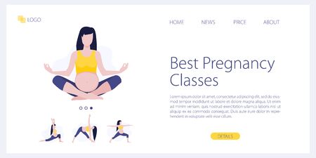 Vector site template of yoga studio or online class. Pregnant yoga fitness concept. Wellness and healthy lifestyle in pregnance. Woman expecting a baby doing yoga exercises. Landing page illustrationのイラスト素材