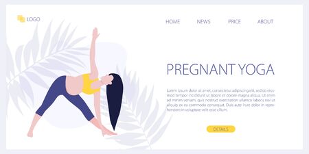 Vector site template of yoga studio or online class. Pregnant yoga fitness concept. Wellness and healthy lifestyle in pregnance. Woman expecting a baby doing yoga exercises. Landing page illustrationのイラスト素材