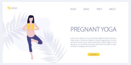 Vector site template of yoga studio or online class. Pregnant yoga fitness concept. Wellness and healthy lifestyle in pregnance. Woman expecting a baby doing yoga exercises. Landing page illustrationのイラスト素材