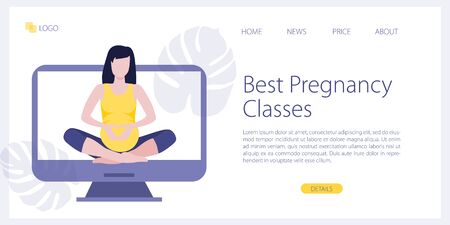 Vector site template of yoga studio or online class. Pregnant yoga fitness concept. Wellness and healthy lifestyle in pregnance. Woman expecting a baby doing yoga exercises. Landing page illustrationのイラスト素材