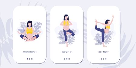Vector mobile site or mobile app onboarding screens for yoga lovers. Yoga asana poses for woman expecting a baby. Healthy pregnance concept. Pregnant woman doing yoga exercises and yoga poses.のイラスト素材