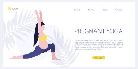 Vector site template of yoga studio or online class. Pregnant yoga fitness concept. Wellness and healthy lifestyle in pregnance. Woman expecting a baby doing yoga exercises. Landing page illustrationのイラスト素材