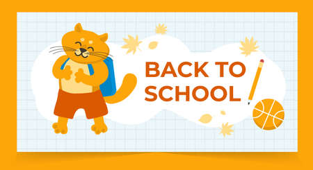 Vector illustration of red cat with schoolbag, ball and pencil and autumn leaves. Back to school concept. Kids illustration. School, college banner or flyer. Student or pupil card conceptのイラスト素材