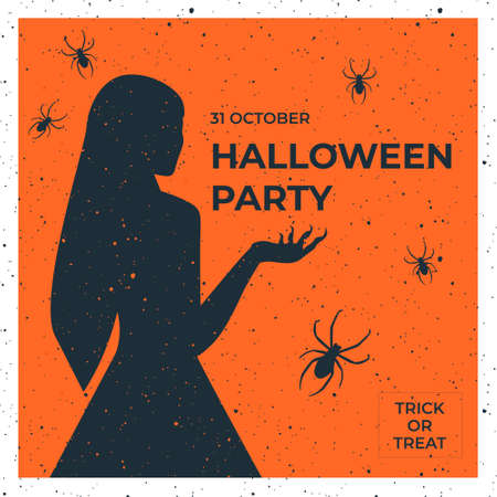 Vector scary Halloween illustration of lack silhouette of witch with spiders around. Square template for social networks. Halloween party event. Invitation or poster for holiday.のイラスト素材
