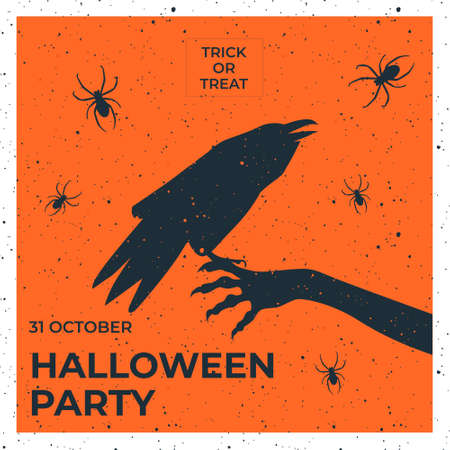 Vector scary Halloween illustration of raven sitting on witch hand with spiders around. Square template for social networks. Halloween party event. Invitation or poster for holiday.のイラスト素材