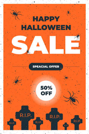 Halloween Sale vector flyer illustration with graves and tombs and raven on cemetery on orange background. Holiday design for offer, coupon, voucher, holiday saleのイラスト素材