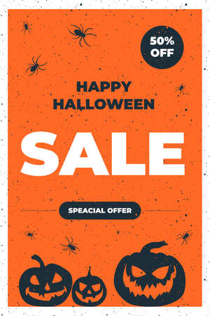 Halloween Sale vector flyer illustration with spooky pumpkins on orange background. Holiday design for offer, coupon, voucher, holiday saleのイラスト素材
