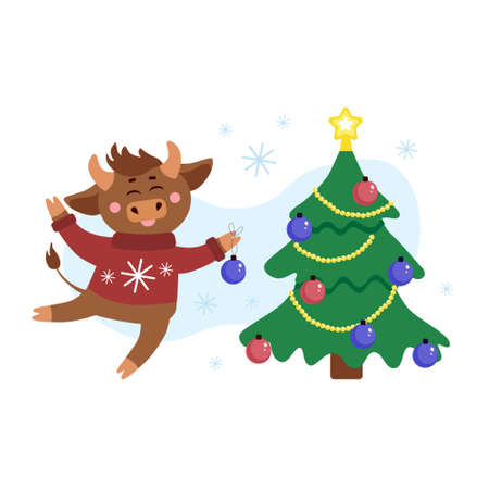 Vector christmas illustration of cow, ox or bull with christmas ball in ugly sweater around snow flakes decorating christmas tree. Year of bull 2021 concept. Christmas holidays, xmas illustrationのイラスト素材