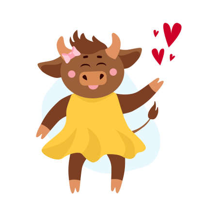 Vector illustration of cow, ox or bull in yellow dress with red hearts around. Year of bull 2021 concept. Valentines day illustrationのイラスト素材