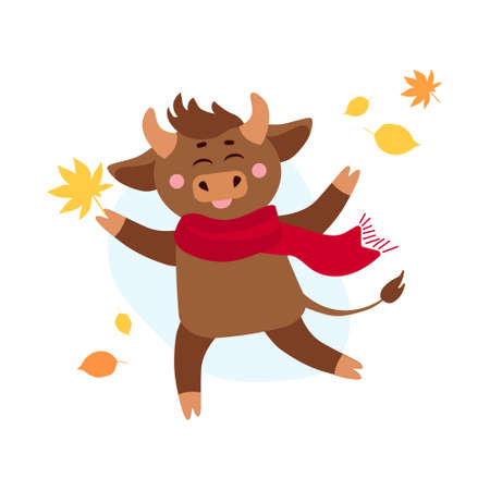 Vector illustration of cow, ox or bull in red scarf with yellow maple leaf running around falling autumn leaves. Year of bull 2021 concept. Season illustrationのイラスト素材