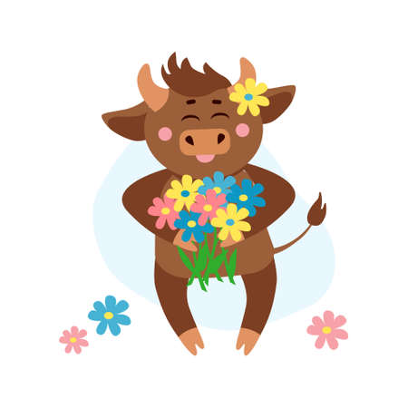Vector illustration of cow, ox or bull with spring flowers bouquet around blooming glade primrose, daisy. Year of bull 2021 concept. Spring season, march, april, may conceptのイラスト素材