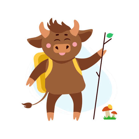 Vector illustration of cow, ox or bull hiking with back pack around mushrooms and grass in forest. Year of bull 2021 concept. Summer holidays, hiking conceptのイラスト素材