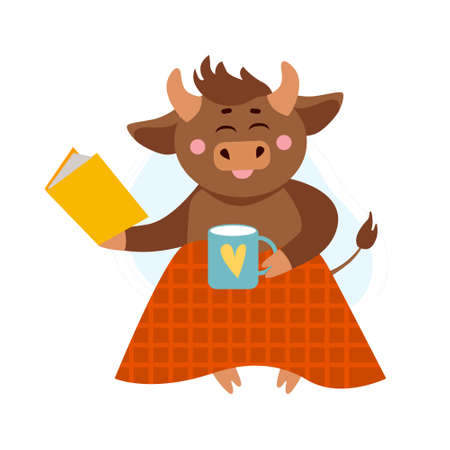Vector illustration of cow, ox or bull with cup of hot tea or coffee under warm plaid or blanket reading book. Year of bull 2021 concept. Autumn holidays, cozy home conceptのイラスト素材