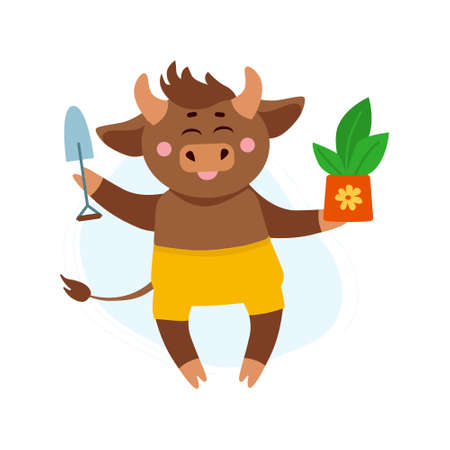 Vector illustration of cow, ox or bull in shorts with pot with plant and garden tool plantings. Year of bull 2021 concept. Plantings in garden conceptのイラスト素材