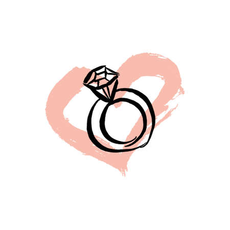 Vector handdrawn pink heart of love card. Ink brush template  isolated on white background. Jewelry ring with brilliant on white background.のイラスト素材