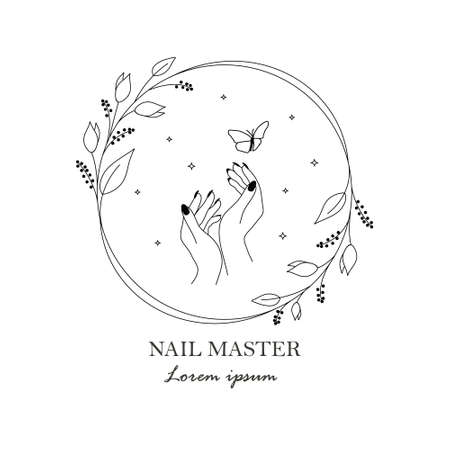 Hand drawn in a minimal linear style Floral frame with hand and butterfly on white backgroundのイラスト素材