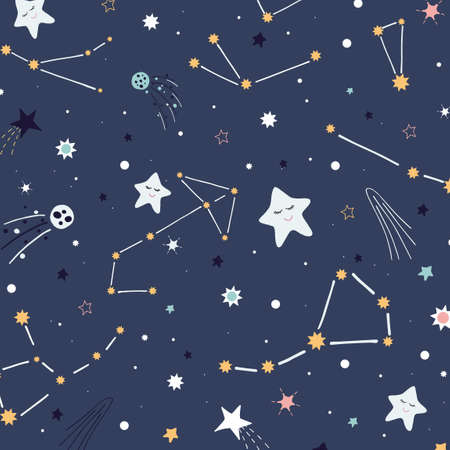 Illustration with stars constellations dark night sky meteorite on dark background in cartoon styleのイラスト素材