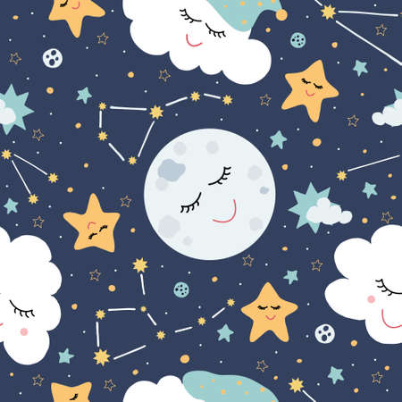 Seamless pattern with clouds, stars, constellations, on a dark background in cartoon style.のイラスト素材