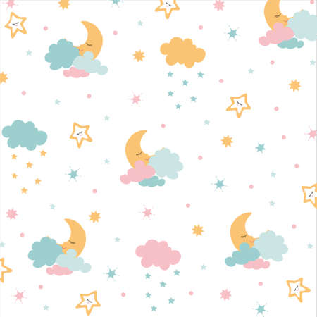 Illustration with hand drawn moon stars clouds in cartoon style Kids room wallpaperのイラスト素材
