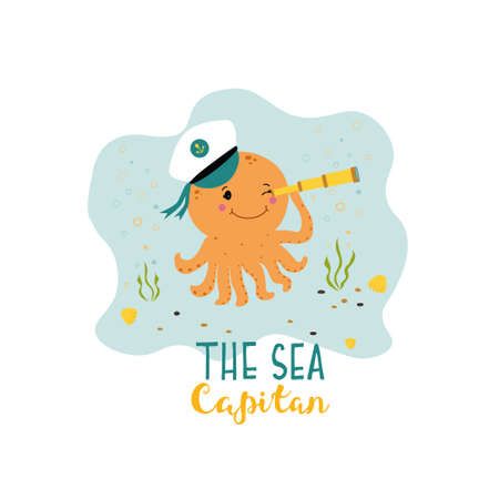 Cute baby sea octopus looks through a telescope and text the sea capitan. Kids poster in baby room. Ocean and sea life illustration in cartoon style. Kids print art.のイラスト素材
