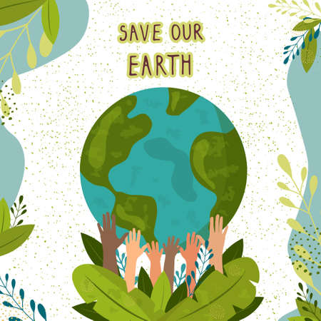 Save our Earth, ecology eco environmental protection, climate changes, Earth Day April 22, save Nature.Vector Vector illustration of hand-drawn hands holding our planet on a white background. . Vector illustrationのイラスト素材