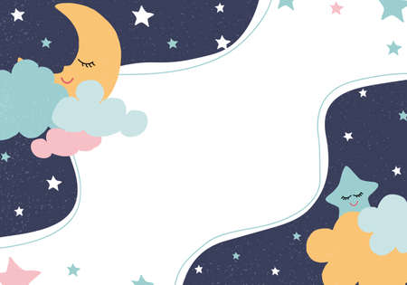 Kids graphic on white background with the moon,clouds and stars in minimal style.Using for print on the wall, textile, interior, card design,copy space.Abstract creative baby artistic templates Vector. Vector illustrationのイラスト素材