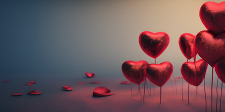 Valentines day background with red heart balloons. 3d rendering, generative aiの素材
