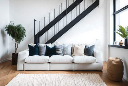 comfortable soft sofa with decorative cushions in spacious modern living room with parquet floor and white walls near staircase in daylight, AI Generatedの素材