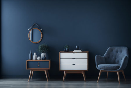 Interior commode with chair and decor, dark blue wall mock up background, 3d rendering, AI Generatedの素材