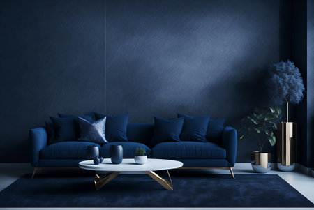 modern living room mock up with dark blue sofa, armchairs near coffee table, modern rug, floor lamp and empty gray wall, luxury living room interior background, 3d rendering, AI Generatedの素材