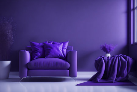 Modern living room design, Purple armchair on purple wall and white floor, 3d render, AI Generatedの素材